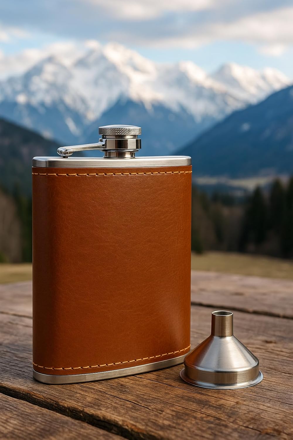 OUTDOORSAXX Edelstahl Flachmann 240ml im Leder Design inkl. Trichter, braun