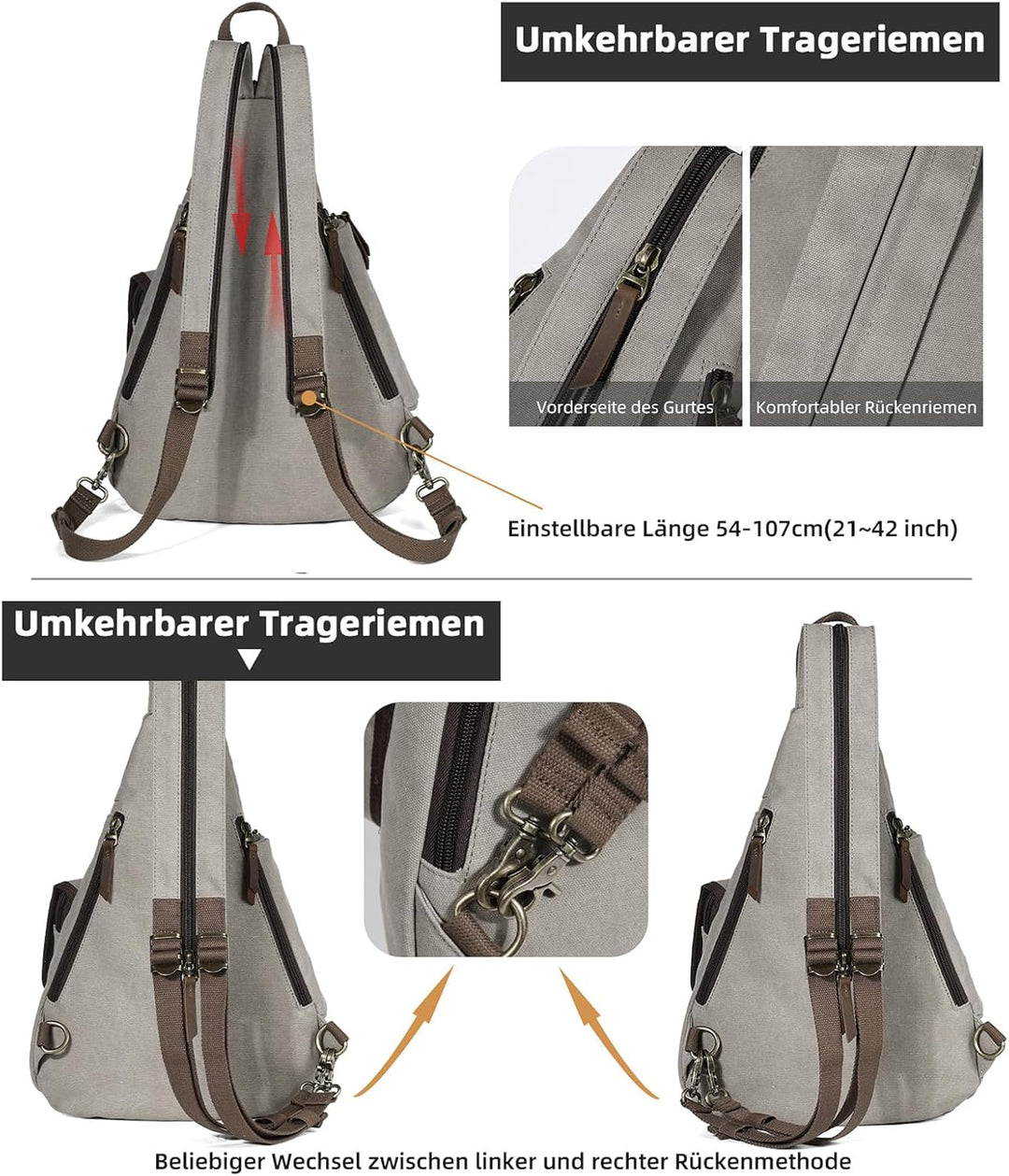 KL928 Canvas Sling Bag Herren und Damen, Crossbody Brusttasche Schulterrucksack Schultertasche Rucks