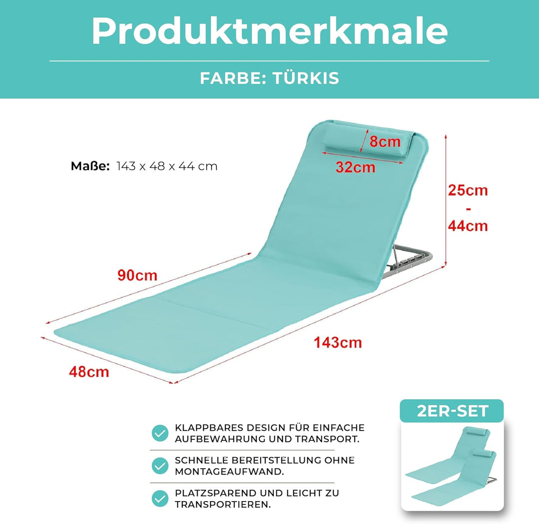 [en.casa] Strandmatte Donostia 2er Set Sonnenmatte klappbar Türkis Strandliege mit Verstellbarer Rüc