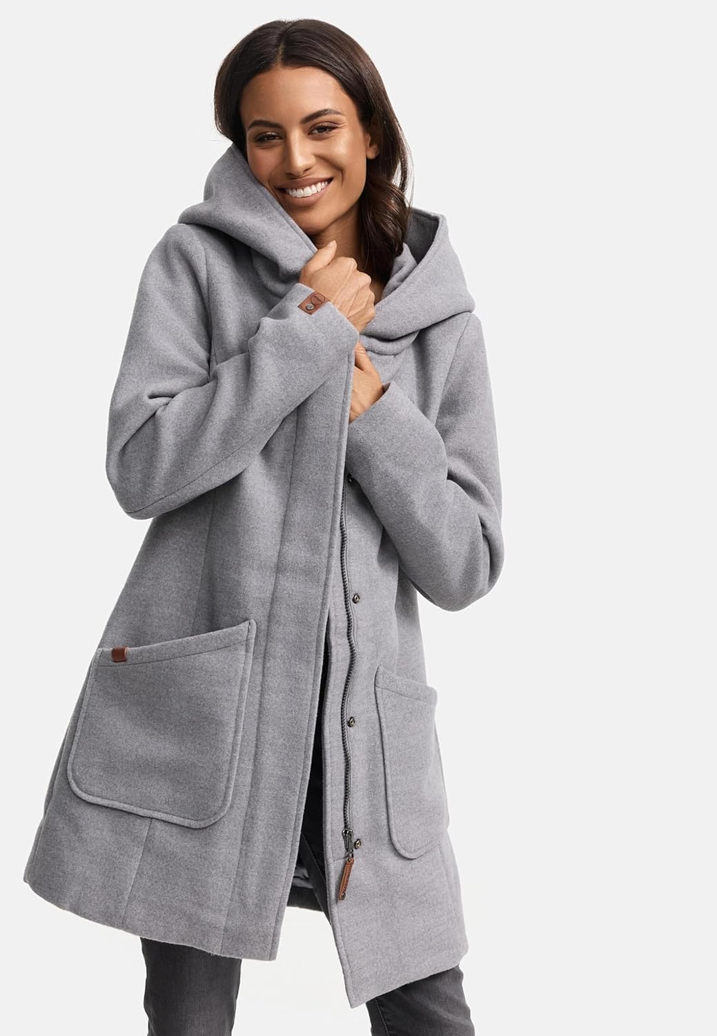 MARIKOO Damen Mantel in Wollmantel-Optik Warmer Trenchcoat mit Kapuze Maikoo XS-5XL S Grau, S Grau