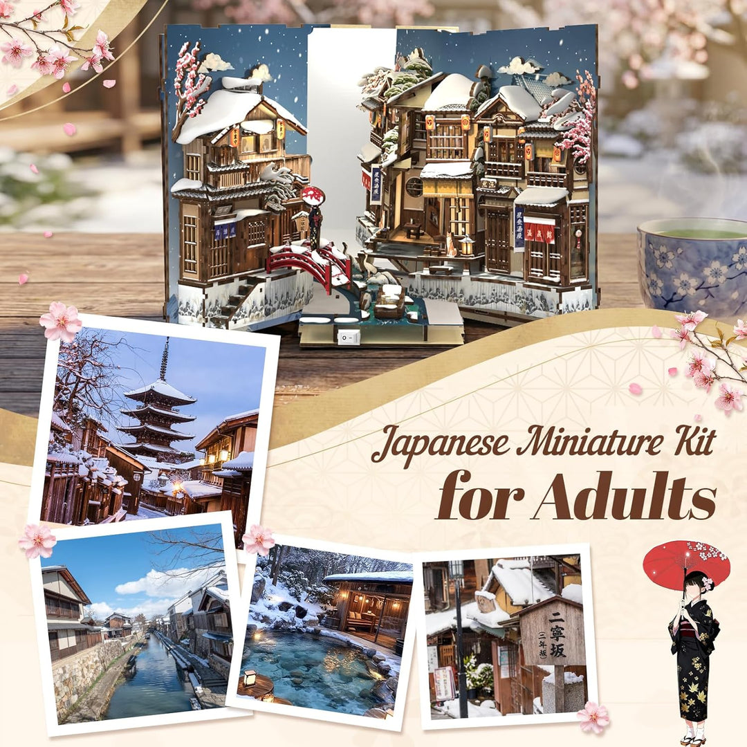 Fsolis Book Nook Kit –Kyoto Snow Whisper Booknook, Japanischer Puppenhaus-Szene, 3D Puzzle Set, Büch