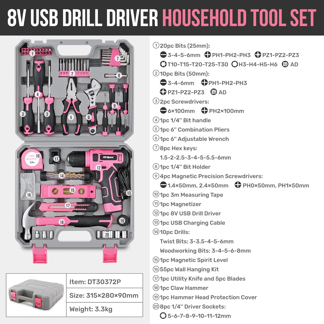 Hi-Spec Pinker Werkzeugkoffer mit Akkuschrauber. 8V USB Akkubohrschrauber, Bit set und Komplettes We