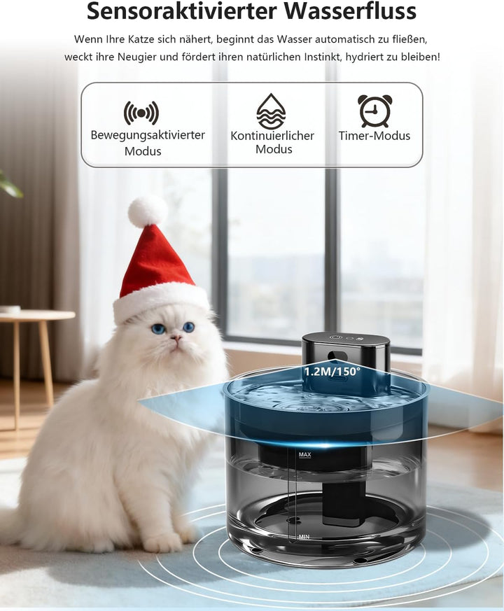 Upgrade 3.5L Katzenbrunnen Kabellos mit Bewegungsmelder, Trinkbrunnen für Katze, 5000mAh Batteriebet