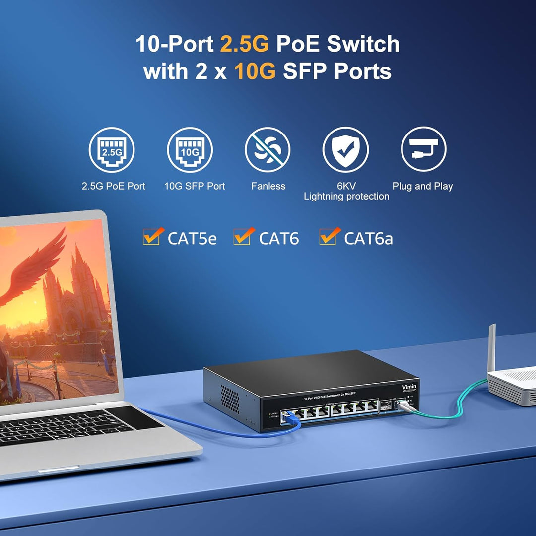 10-Port 2,5G PoE Switch Unmanaged, VIMIN 8X 2,5G Base-T PoE @130W+2X 10Gbps SFP, 8 Port PoE Switch m