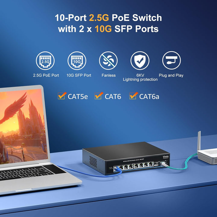 10-Port 2,5G PoE Switch Unmanaged, VIMIN 8X 2,5G Base-T PoE @130W+2X 10Gbps SFP, 8 Port PoE Switch m
