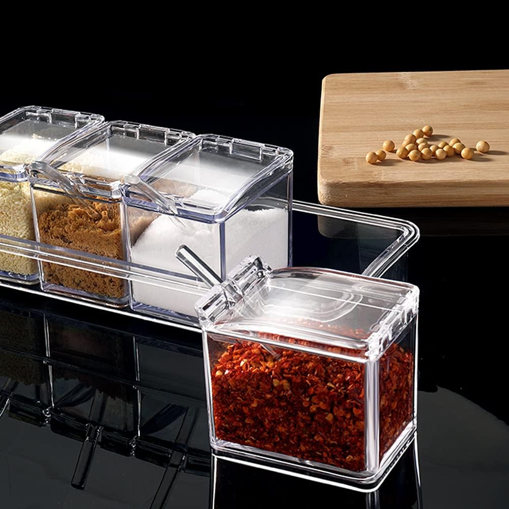 4 Stück Küche Gewürzbox Acryl Würze Box Transparent Gewürzbehälter Spice Dosen mit Löffeln und Abdec