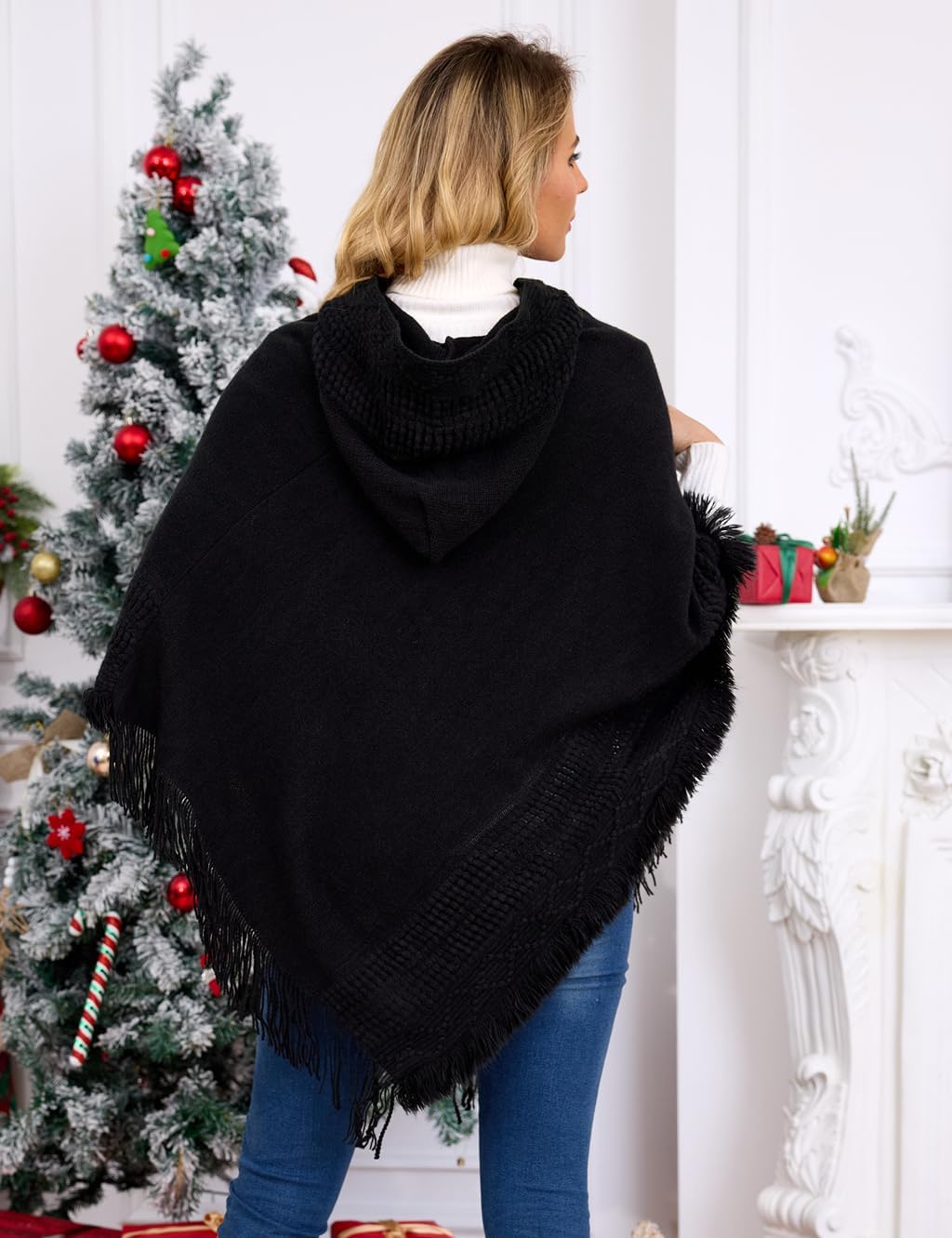 Ferand Damen Poncho mit Kapuze und gehäkeltem Cape mit Fransensaum für Herbst Winter Einheitsgrösse