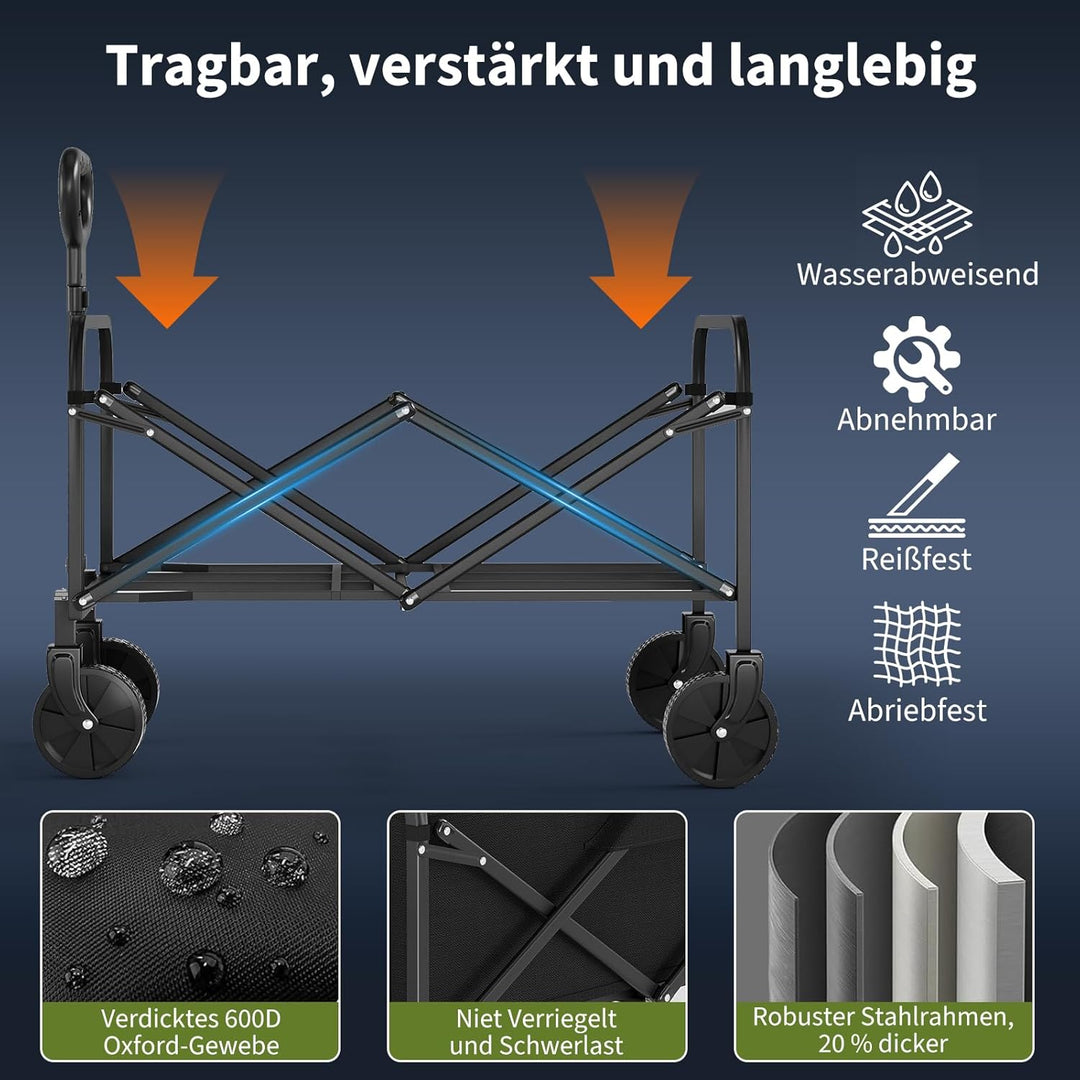 220L Faltbarer Schwerlast Bollerwagen, 172kg-200kg Traglast Transportwagen mit 360°Geländerädern,Sta