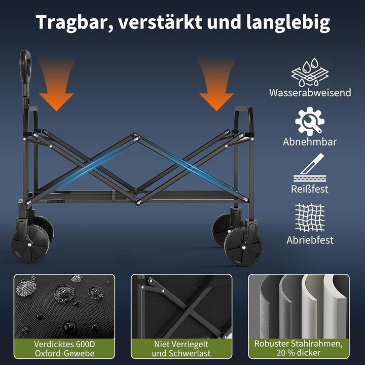 220L Faltbarer Schwerlast Bollerwagen, 172kg-200kg Traglast Transportwagen mit 360°Geländerädern,Sta