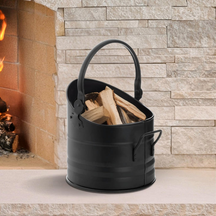HomeZone schwarzer Kohleeimer für Anzündholz, Kohle und Brennstoff, BLACK ROUND FIRESIDE BUCKET