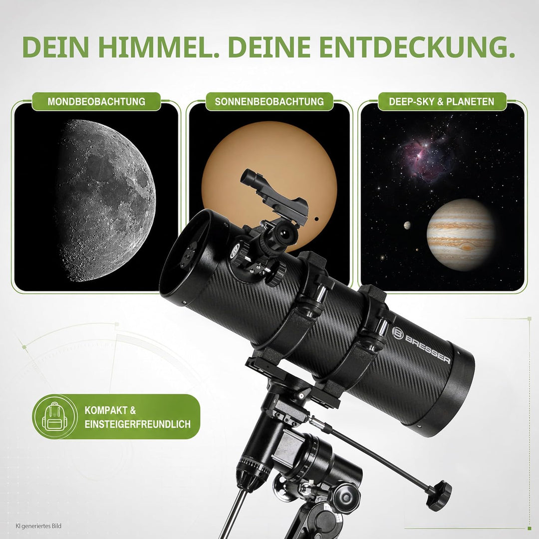 Bresser Spiegelteleskop Pluto EQ 114/500 für Jung und Alt mit Smartphone Kamera Adapter inklusive St