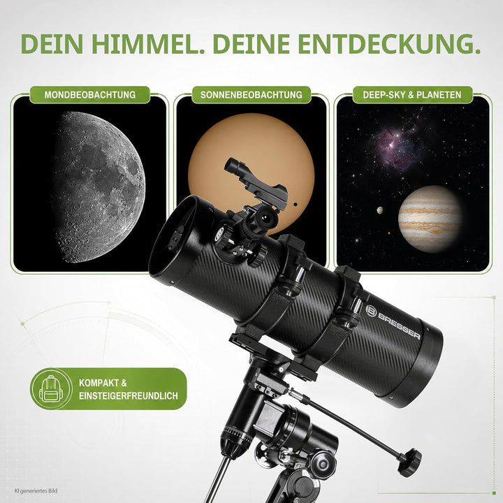Bresser Spiegelteleskop Pluto EQ 114/500 für Jung und Alt mit Smartphone Kamera Adapter inklusive St