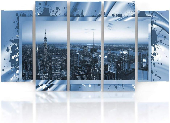 Feeby Frames, Leinwandbild Bilder Wand Bild - 5 Teile - Wandbilder Kunstdruck (New York City, BLAU)