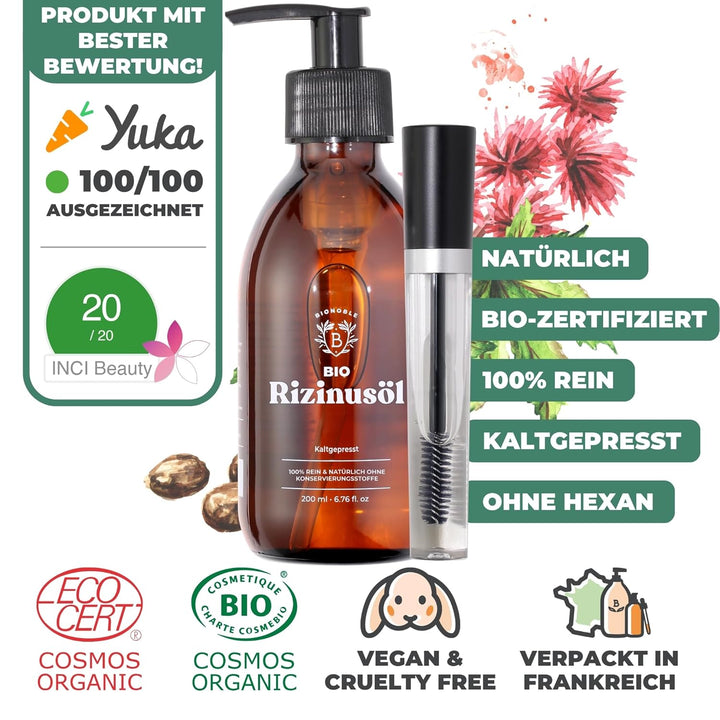 BIONOBLE Rizinusöl Kaltgepresst Bio + Mascara-Kit, 100% Natürlich - Wachstumsfördernd, Repariert - R
