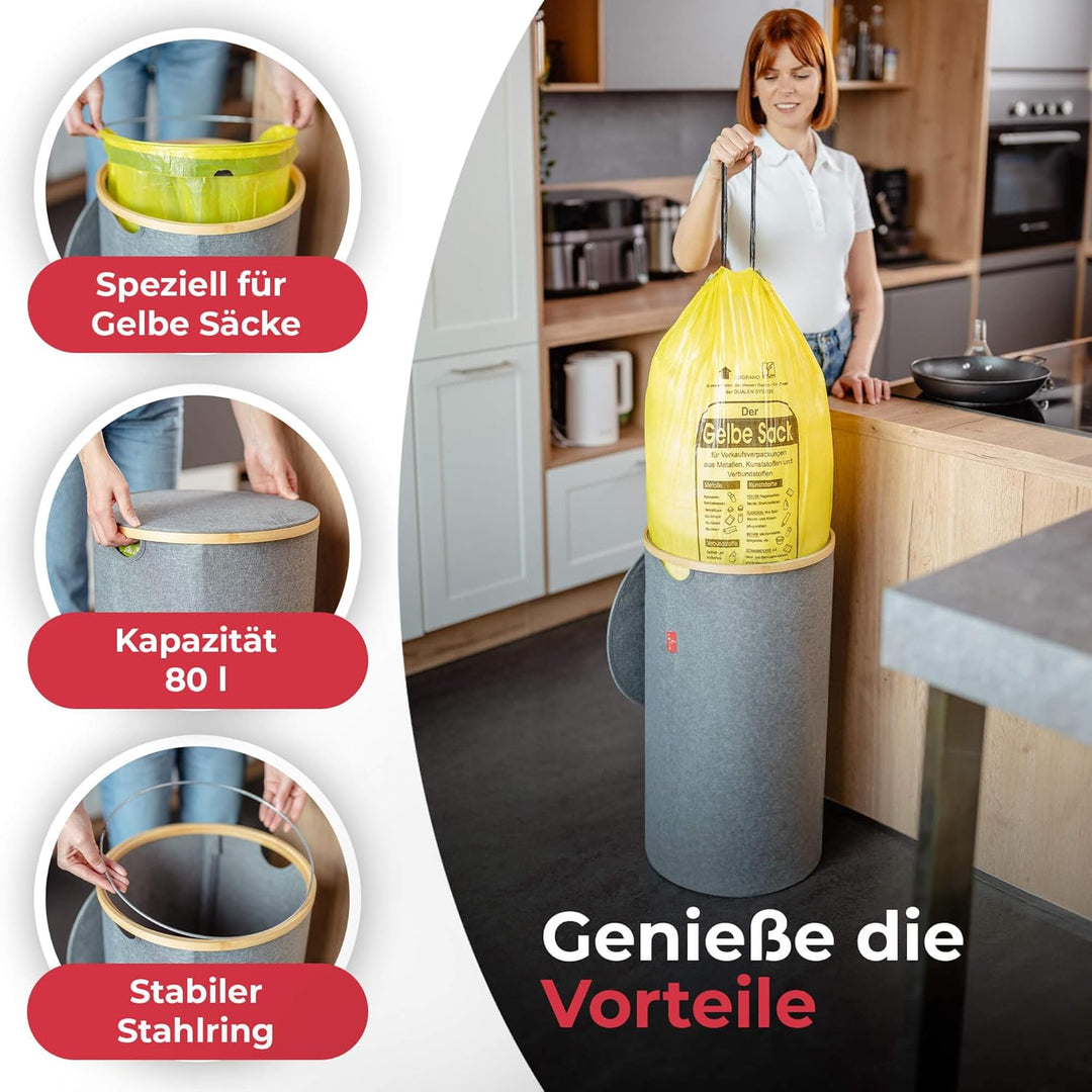 Levio® Gelber Sack Ständer mit Deckel – Müllsackhalter & Müllsackständer [80L mit Geruchsfilter] – M