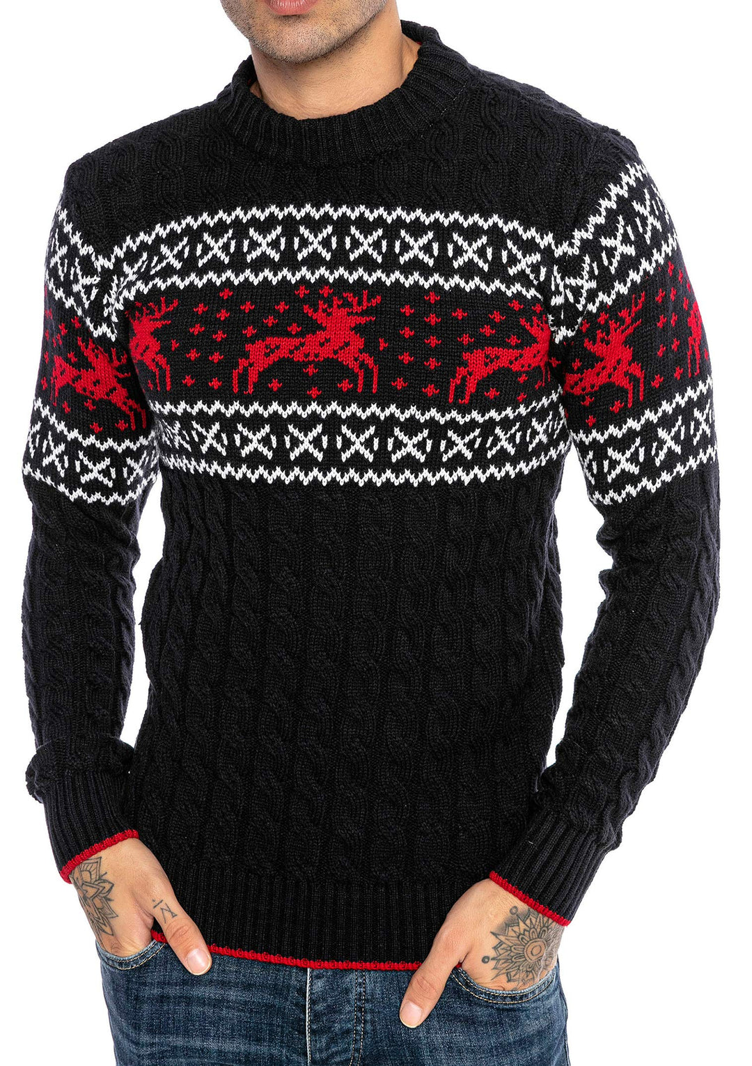 Red Bridge Herren Strickpullover Norweger Pullover Slim-Fit Plait Reindeer S Blau, S Blau