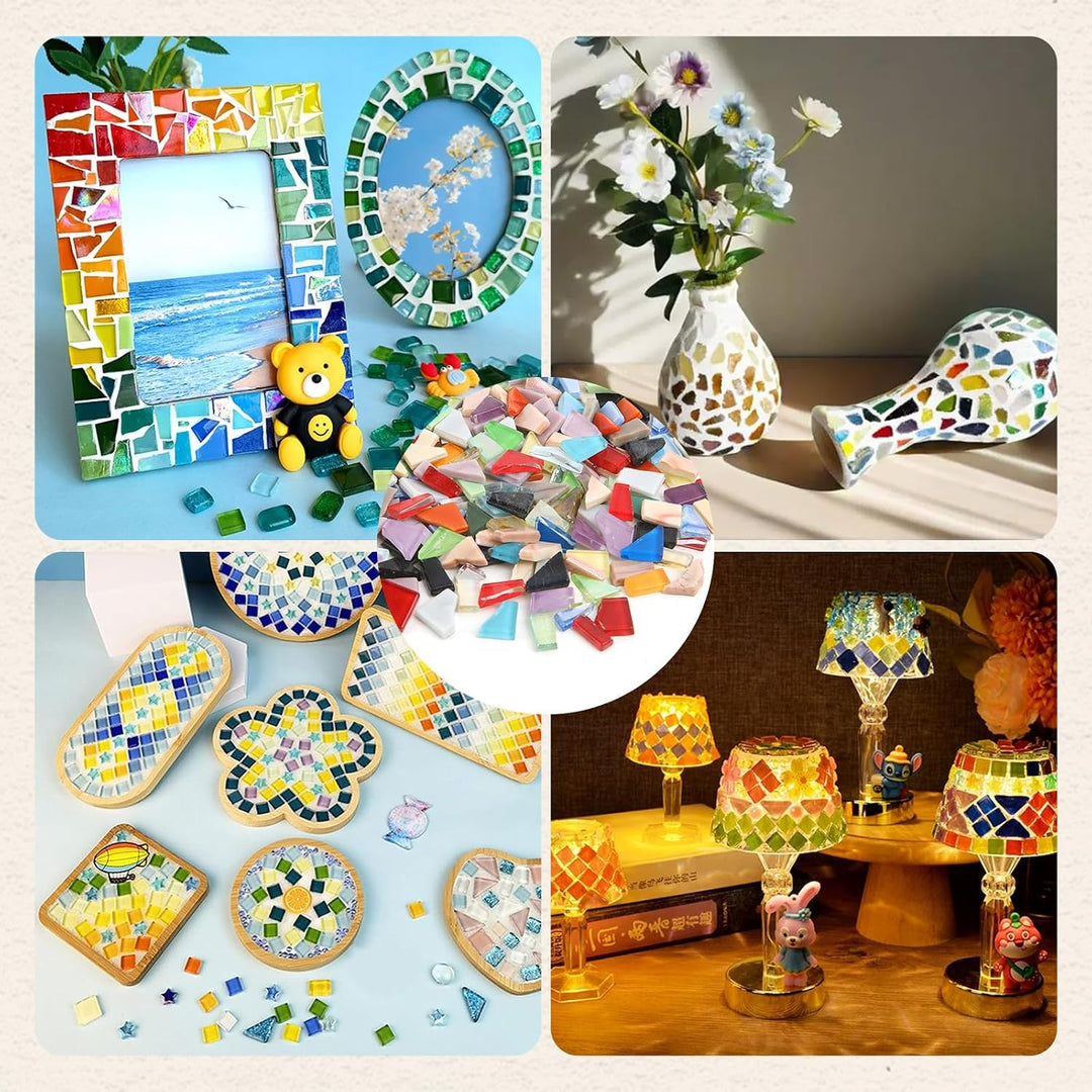 GEEKHOM 1kg Mosaiksteine zum Basteln, inkl. Feile - Mosaikfliesen Unregelmässig 0,5–1,5cm Regenbogen