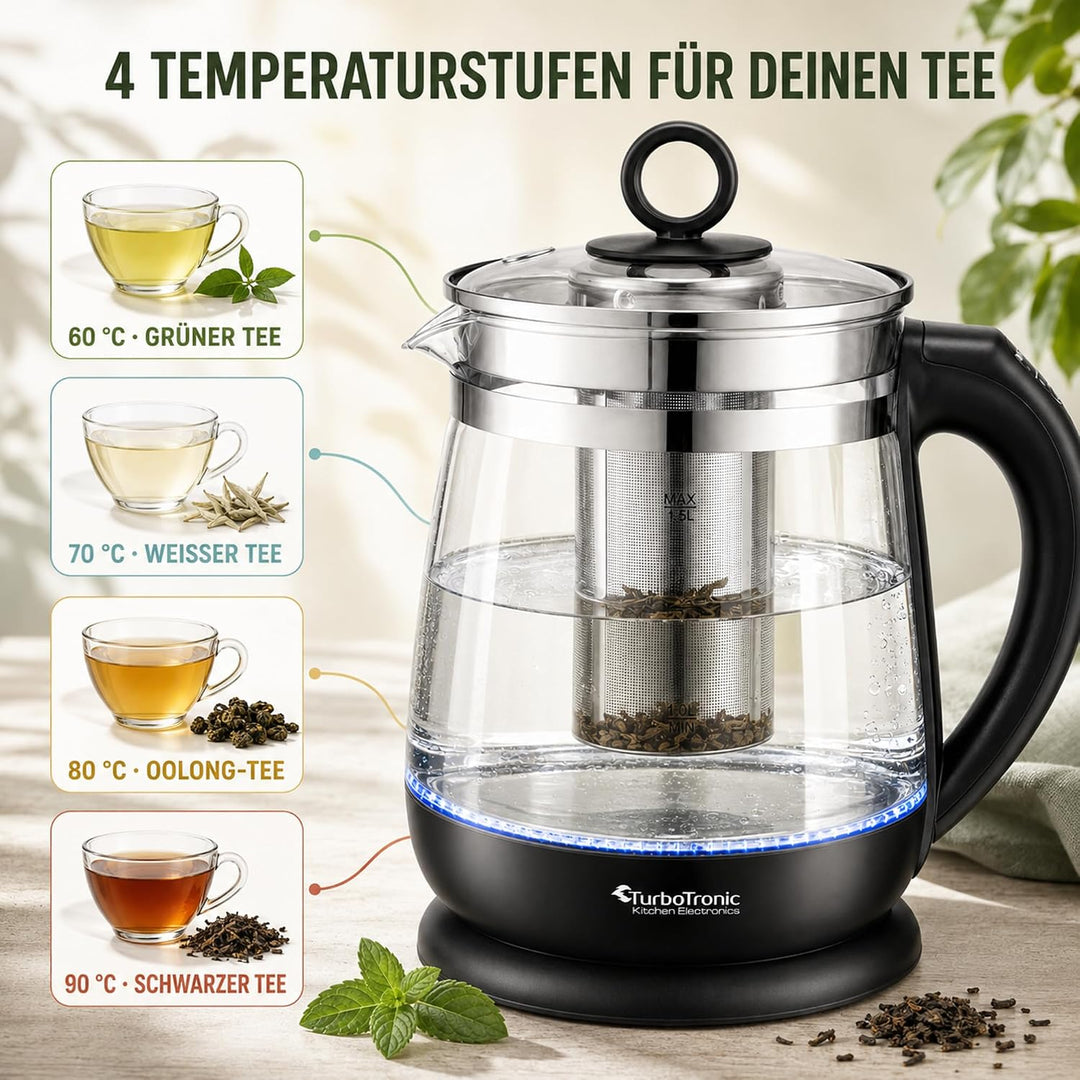 TurboTronic Glas Wasserkocher 100% plastikfrei, 1,5 Liter mit Edelstahl Kalkfilter, LED Beleuchtung