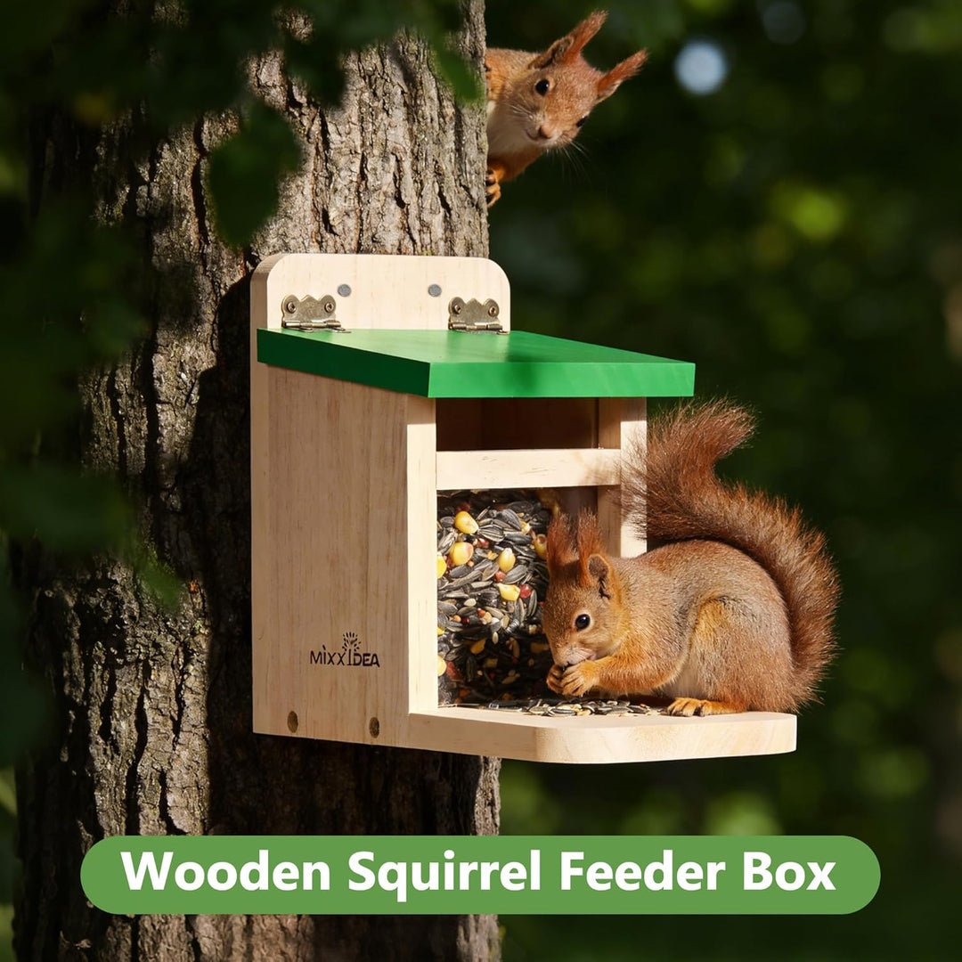 MIXXIDEA Eichhörnchen-Futterspender für den Aussenbereich, Holz, Eichhörnchen-Futterstation mit grün