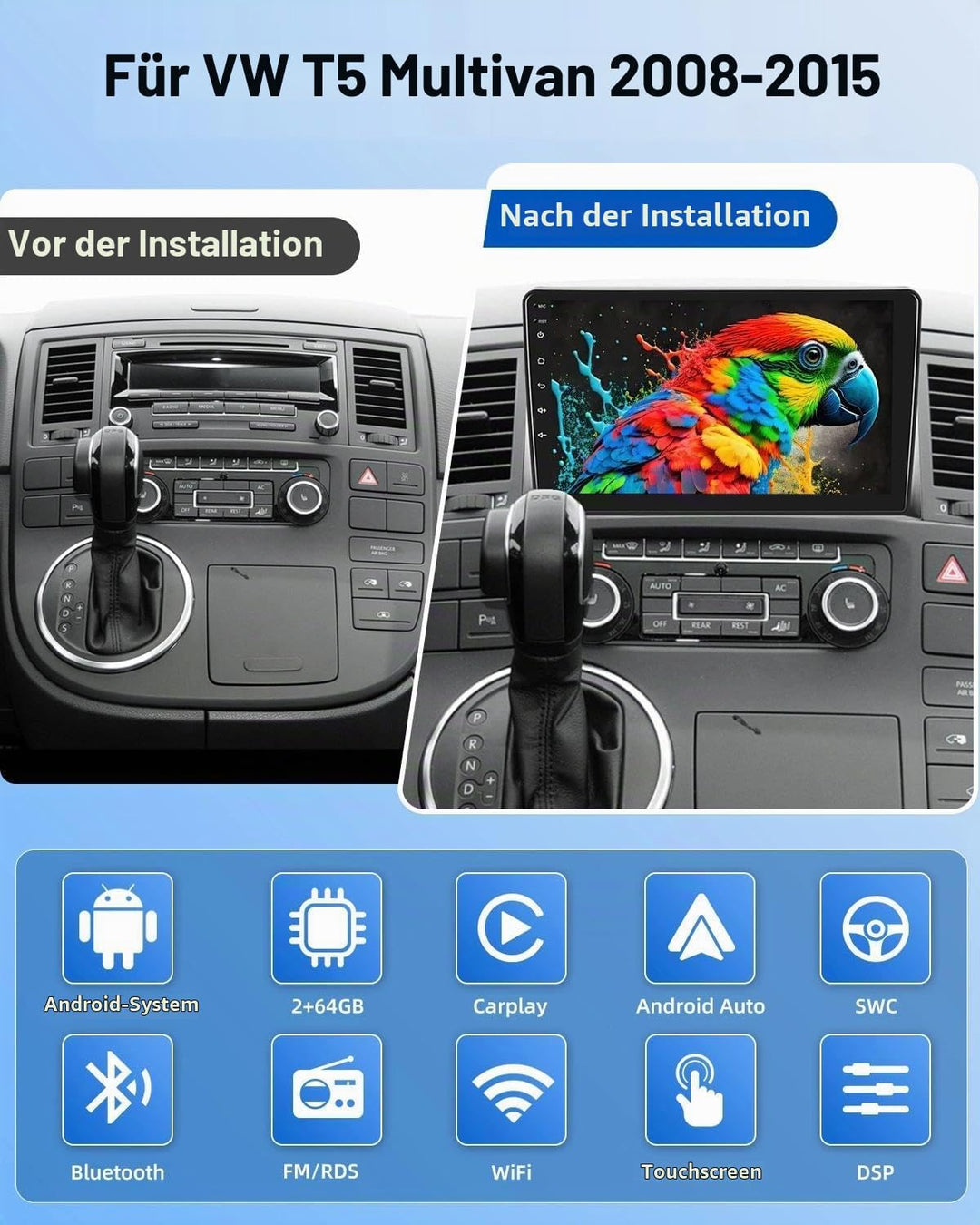 NHOPEEW 2G+64G Android Autoradio für VW T5 Multivan 2008-2015 - Drahtlos Carplay &amp; Android Auto - 9