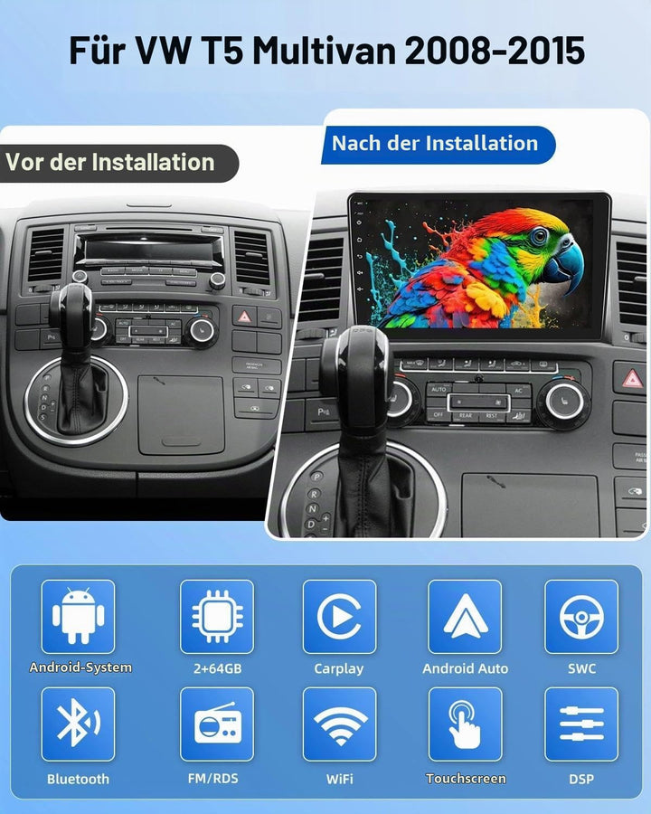 NHOPEEW 2G+64G Android Autoradio für VW T5 Multivan 2008-2015 - Drahtlos Carplay &amp; Android Auto - 9