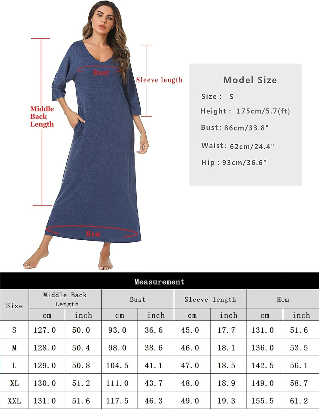 Uniexcosm Nachthemd Damen Lange Baumwolle 3/4 Ärmel Nachtkleid Nachtwäsche V-Ausschnitt Freizeitklei