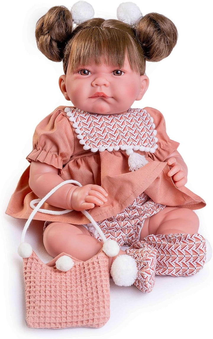 Muñecas Antonio Juan - Neugeborene Nica mit Pferdeschwänzen und Beutel
