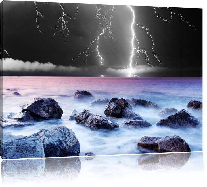 Blitze über dem Meer schwarz/weiss Format: 100x70 auf Leinwand, XXL riesige Bilder fertig gerahmt mi