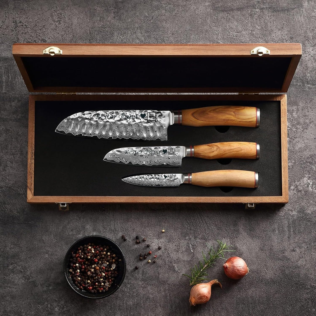 zayiko Minami 3er Damastmesser-Set mit Gravur – Personalisiertes Messer-Set mit 9–17cm Klingen aus 6