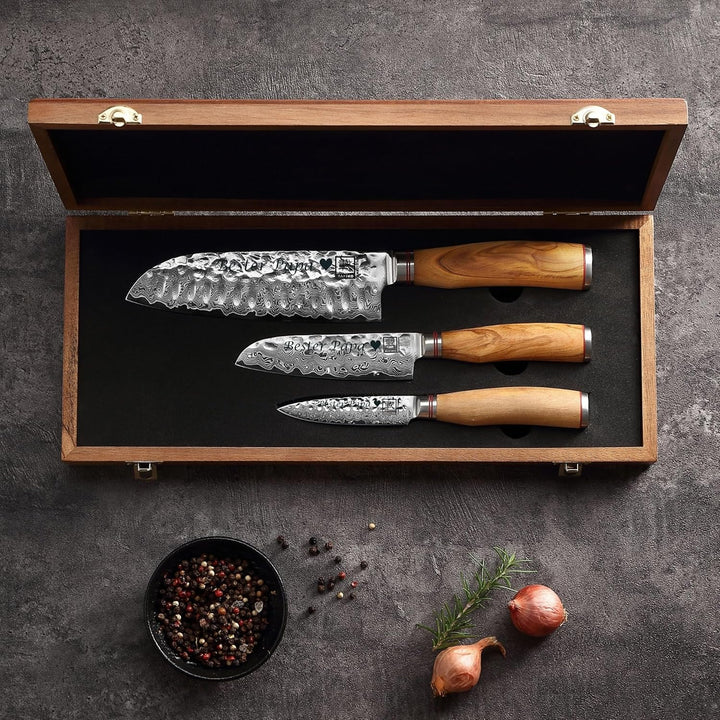 zayiko Minami 3er Damastmesser-Set mit Gravur – Personalisiertes Messer-Set mit 9–17cm Klingen aus 6