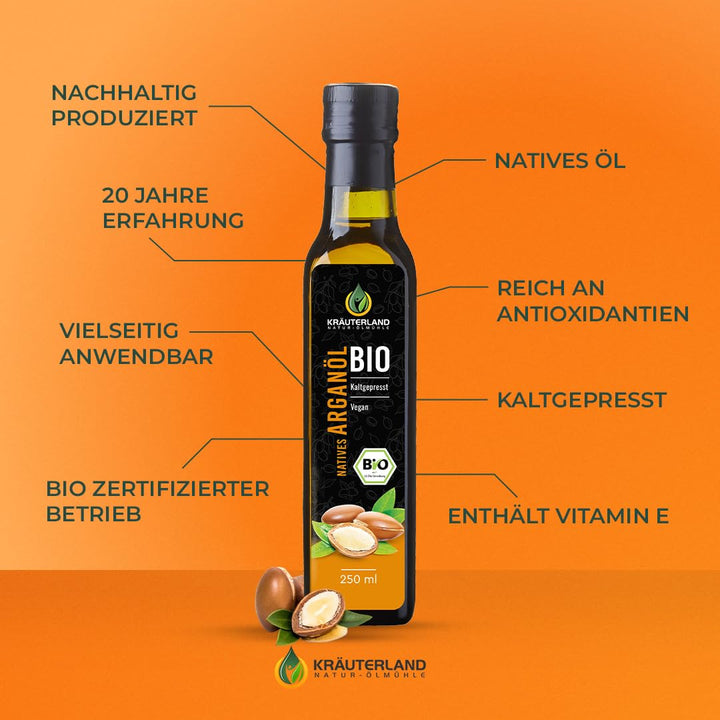 Kräuterland Bio Arganöl - Argan Speiseöl 250ml, kaltgepresst, nativ aus Marokko - ungeröstet, mild &