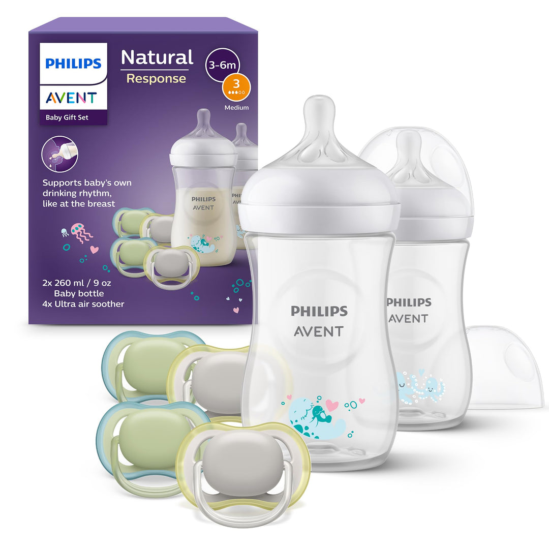 AVENT Natural Response Geschenkset für Babys: 2x Natural Response Flaschen 260 ml (ab 1 Monat), 4x u