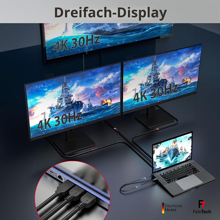 FeinTech CX301 USB C Docking Station 2X HDMI, 1x DisplayPort, 12in1 Hub, Dual Display 4K 60Hz, Tripl