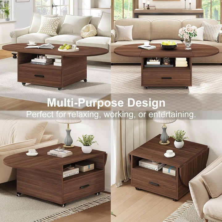 IBF Oval Couchtisch mit Stauraum Holz Wohnzimmer Tisch mit Schublade Klappbarer Couchtisch Für Schla