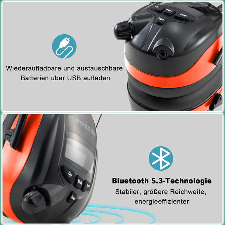 PROTEAR Bluetooth Gehörschutz mit DAB / DAB + FM Radio, wiederaufladbare elektrische Gehörschutzkaps