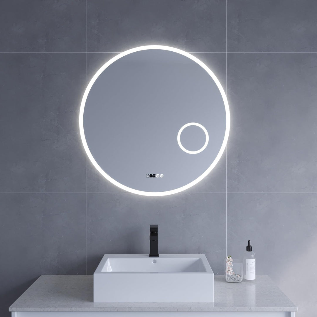 Runder LED Badspiegel 80cm Uhr Rundspiegel mit hinterleuchteter Beleuchtung und integrierten Kosmeti