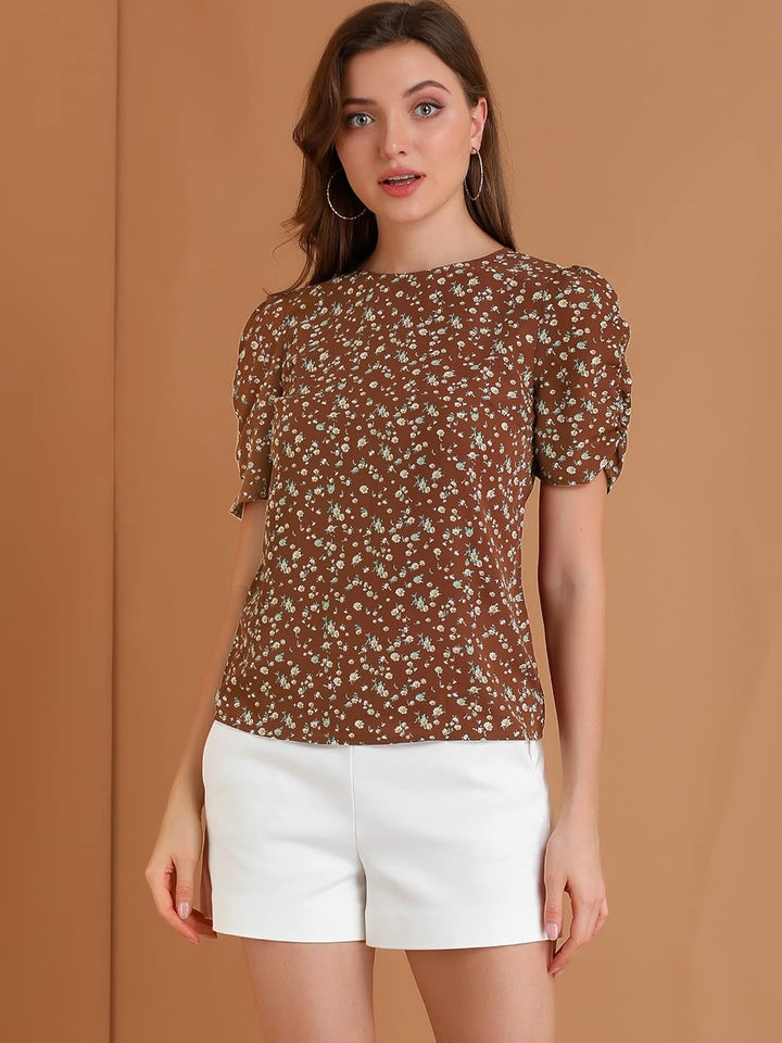 Allegra K Damen Kurzarm Business Shirt Rundhals Floral Blumen Casual Oberteil Bluse M Braun, M Braun