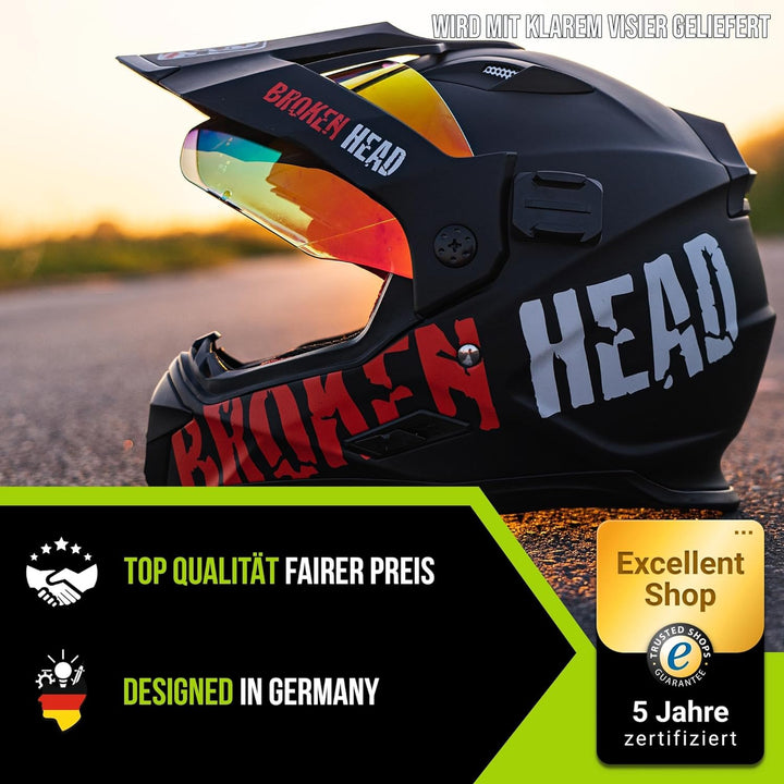 Broken Head made2rebel Motocross-Helm Rot mit Visier - Enduro-Helm - MX Cross-Helm mit Sonnenblende