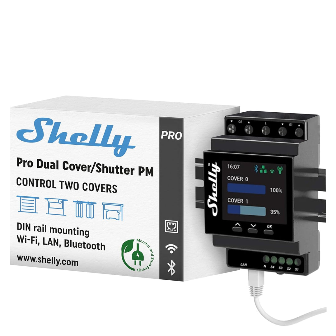 Shelly Pro Dual Cover/Shutter PM | LAN-, Wi-Fi- und Bluetooth-Verbindung, Professioneller DIN-Schien