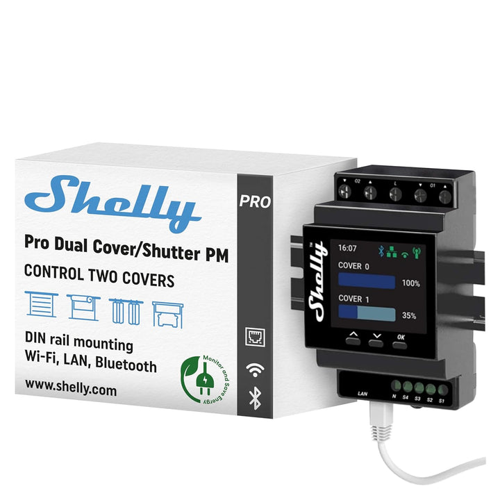 Shelly Pro Dual Cover/Shutter PM | LAN-, Wi-Fi- und Bluetooth-Verbindung, Professioneller DIN-Schien