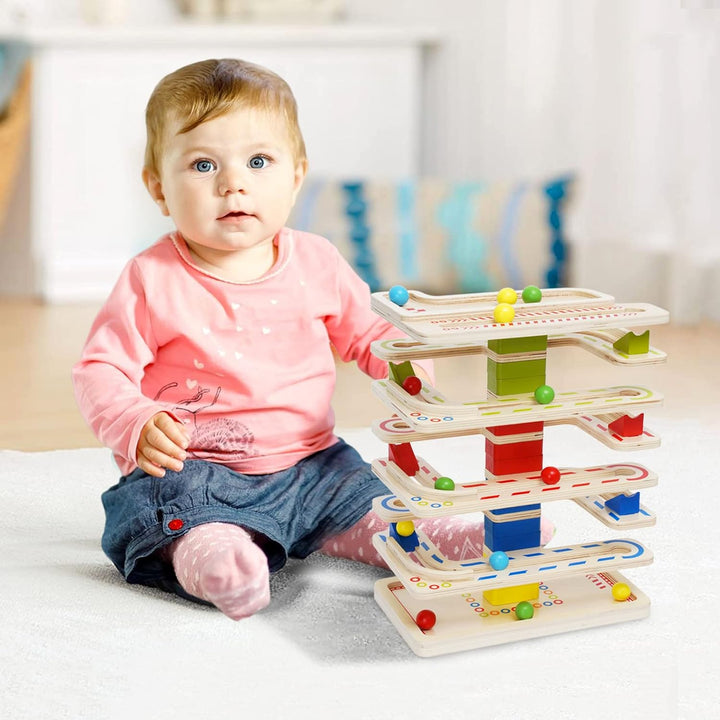 Holz Murmeln Spielzeug Kugelbahn Murmelbahn Holz Ball Drop Spielzeug mit 16 Murmeln Marble Run Rennb