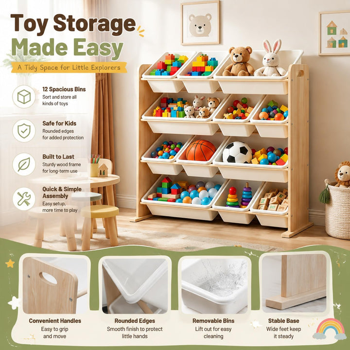 Kinderregal mit 12 Boxen,Spielzeug Organizer Naturholzfarbe | Praktische Spielzeugaufbewahrung mit m