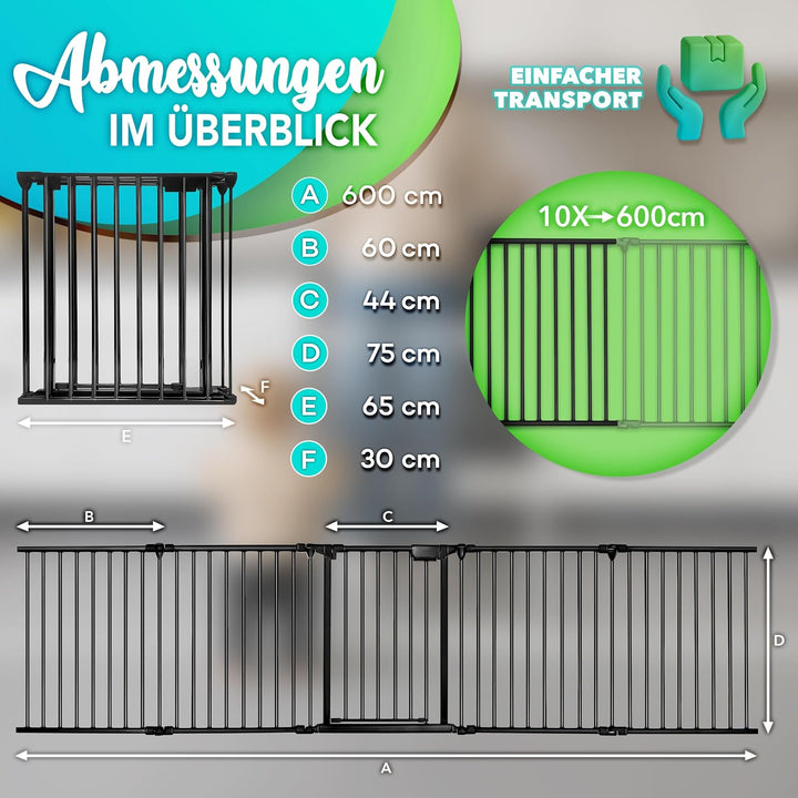 KIDUKU® Kaminschutzgitter mit Tür Metall 600 cm | Absperrgitter Ofenschutzgitter faltbar | Konfigura