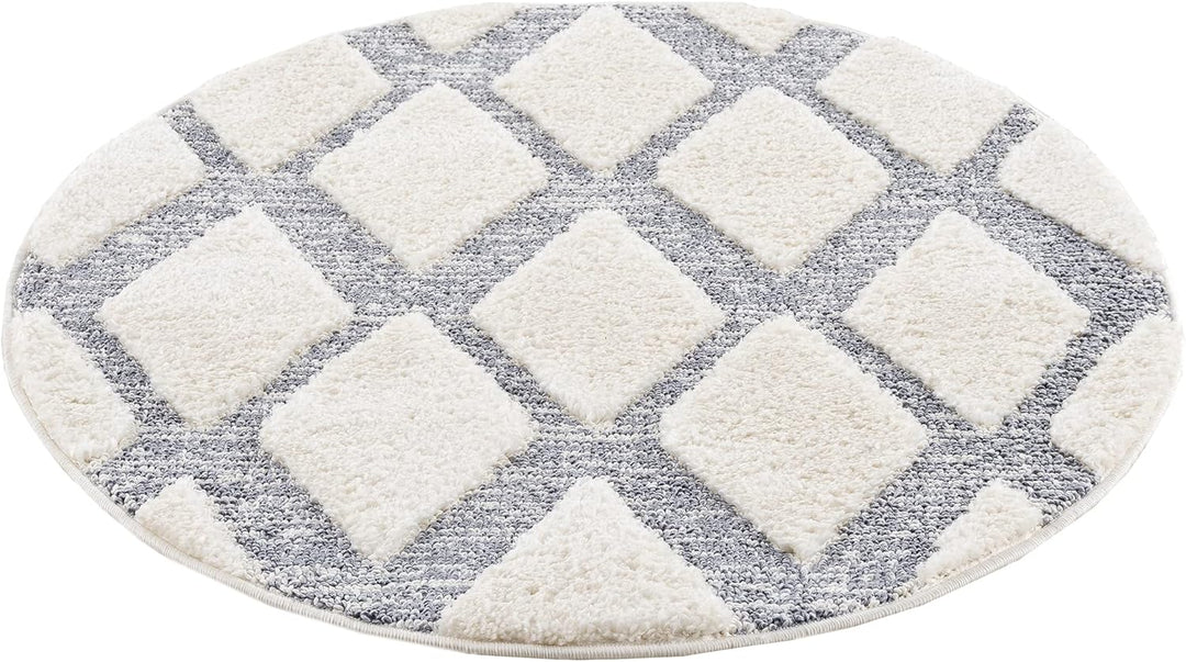 payé Teppich Rund - Skandinavisch Hochflor- 200x200cm - Boho - Pastell Cream Grau - Modern Raute Mus