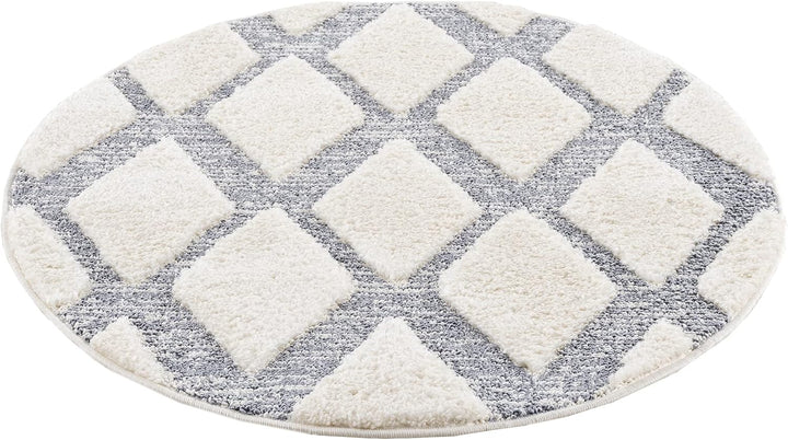 payé Teppich Rund - Skandinavisch Hochflor- 200x200cm - Boho - Pastell Cream Grau - Modern Raute Mus