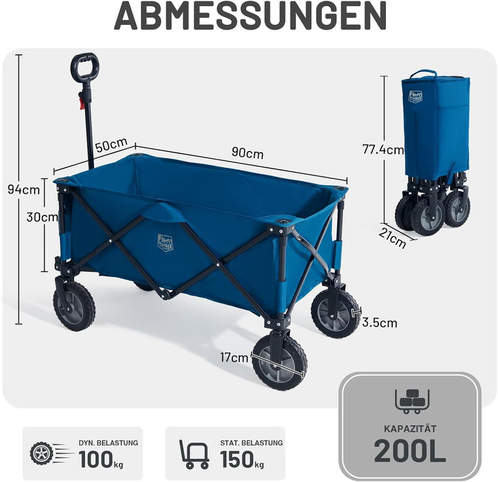 TIMBER RIDGE Bollerwagen Faltbar 200L Handwagen mit Seitentasche Getränkehalter verstellbarem Griff,