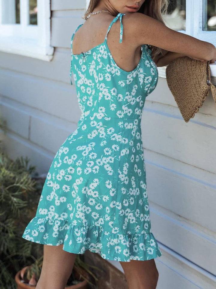 CUPSHE Damen Casual Minikleid Blumendruck Rüschen Kleid Verstellbare Dünne Träger Sommer A-Linie Str