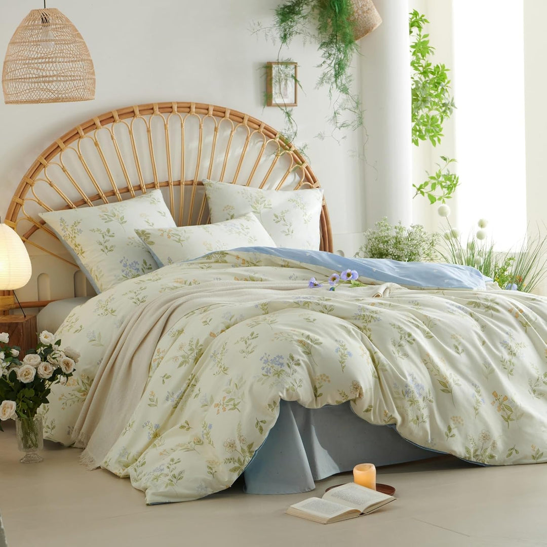 Freyamy Blumen Bettwäsche 135x200cm 2teilig Baumwolle Beige Bunt Floral Blätter Pflanzen Wendebettwä