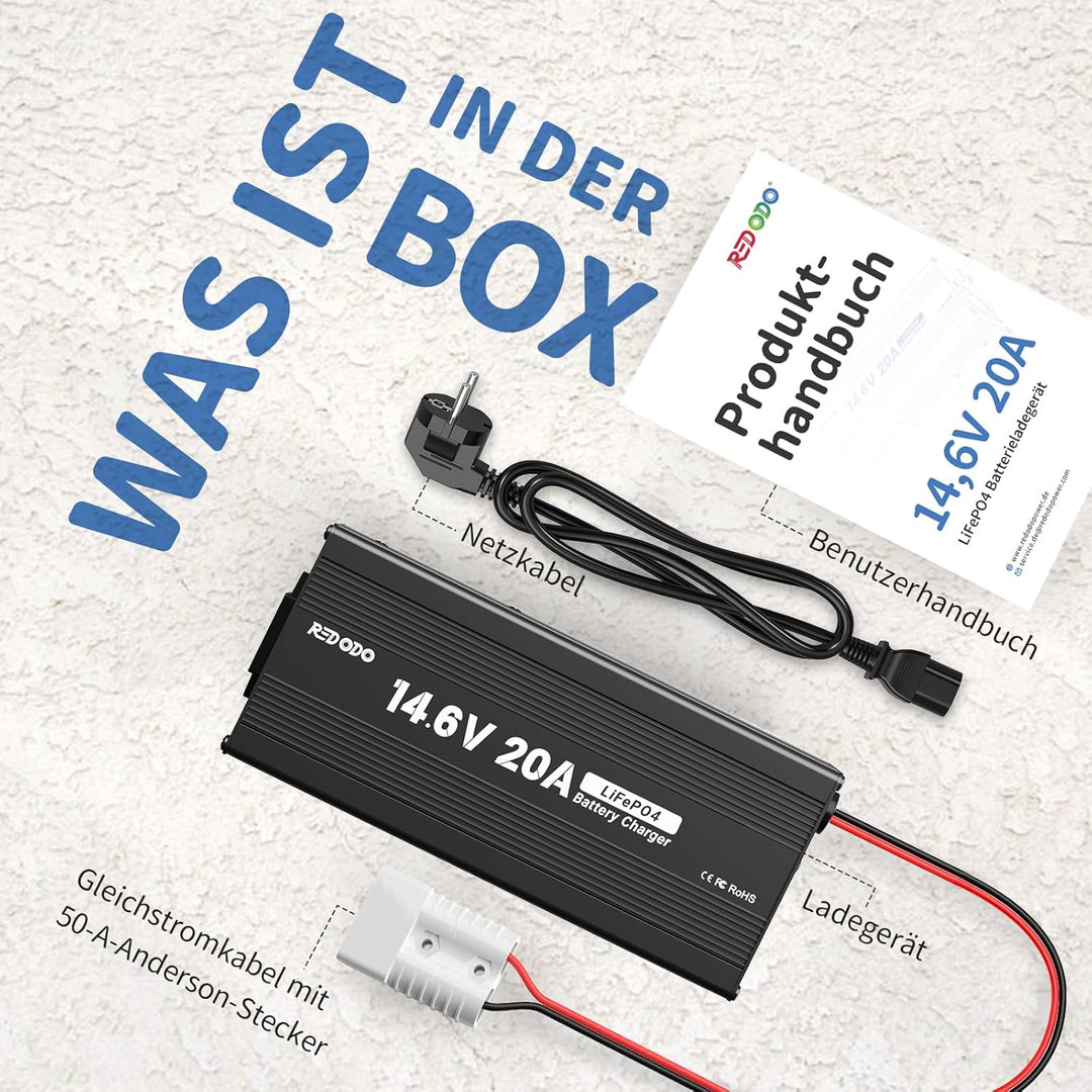Redodo LiFePO4 100Ah 12,8V Batterie mit LiFePO4 Ladegerät 14,6V 20A, 5 Std. Schnelles Aufladen 100A