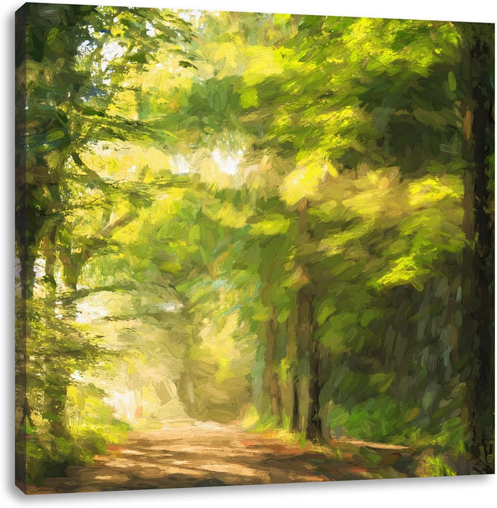 Pixxprint Waldweg im Frühling als Leinwandbild | Grösse: 70x70 cm | Wandbild | Kunstdruck | fertig b